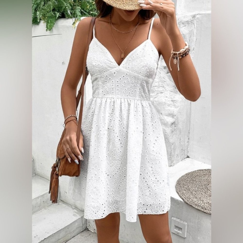 White Eyelet Embroidery Cami Dress - Picture 3 of 6